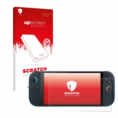 Vorderseite einer Produktverpackung mit dem Markenlogo upscreen. Daneben ist das Gerät Nintendo Switch 2 mit dem zugehörigen D