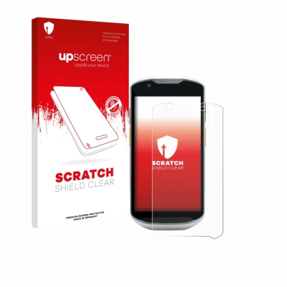 Vorderseite einer Produktverpackung mit dem Markenlogo upscreen. Daneben ist das Gerät Zebra TC52x-HC mit dem zugehörigen Disp