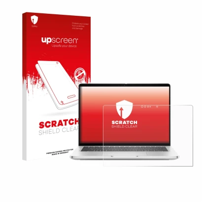 Vorderseite einer Produktverpackung mit dem Markenlogo upscreen. Daneben ist das Gerät Dell Pro 13 Plus 2-in-1 mit dem zugehör