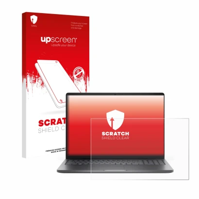Vorderseite einer Produktverpackung mit dem Markenlogo upscreen. Daneben ist das Gerät Dell Pro 16 PC16250 mit dem zugehörigen