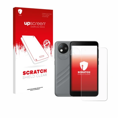 Vorderseite einer Produktverpackung mit dem Markenlogo upscreen. Daneben ist das Gerät ZTE Blade A35 lite (Display+Kamera) mit