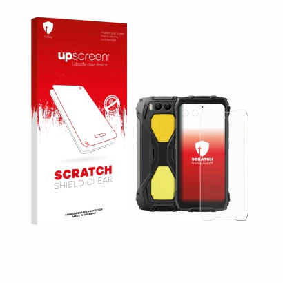 Vorderseite einer Produktverpackung mit dem Markenlogo upscreen. Daneben ist das Gerät Blackview BV7300 (Display+Kamera) mit d