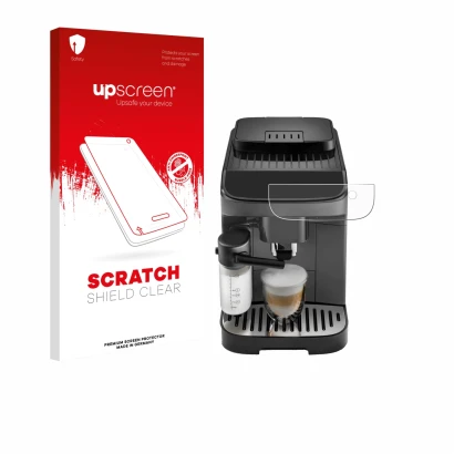 Vorderseite einer Produktverpackung mit dem Markenlogo upscreen. Daneben ist das Gerät DeLonghi Magnifica Evo mit dem zugehöri