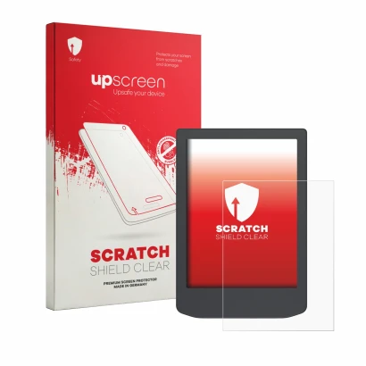Vorderseite einer Produktverpackung mit dem Markenlogo upscreen. Daneben ist das Gerät PocketBook Verse Lite mit dem zugehörig
