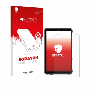 Vorderseite einer Produktverpackung mit dem Markenlogo upscreen. Daneben ist das Gerät Ulefone Armor Pad Pro mit dem zugehörig