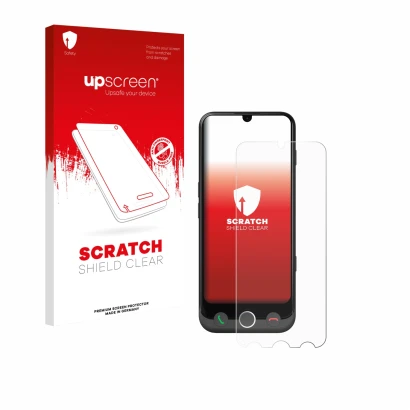 Vorderseite einer Produktverpackung mit dem Markenlogo upscreen. Daneben ist das Gerät Doro Aurora A30 mit dem zugehörigen Dis