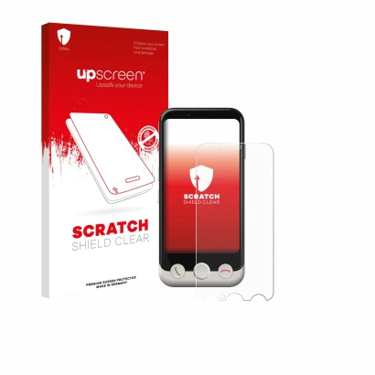 Vorderseite einer Produktverpackung mit dem Markenlogo upscreen. Daneben ist das Gerät Doro Aurora A10 mit dem zugehörigen Dis
