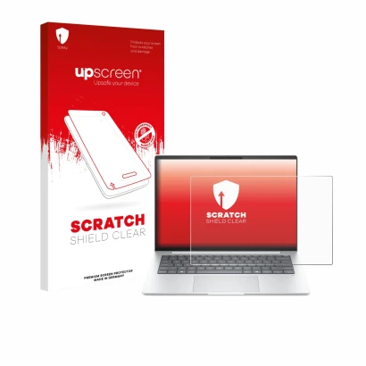 Vorderseite einer Produktverpackung mit dem Markenlogo upscreen. Daneben ist das Gerät HP EliteBook 8 G1i 14" mit dem zugehöri