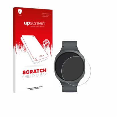 Vorderseite einer Produktverpackung mit dem Markenlogo upscreen. Daneben ist das Gerät Samsung Galaxy Watch 8 (40 mm) mit dem 