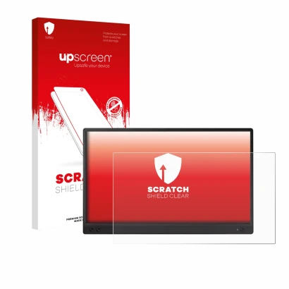 Vorderseite einer Produktverpackung mit dem Markenlogo upscreen. Daneben ist das Gerät ASUS ZenScreen MB166C mit dem zugehörig