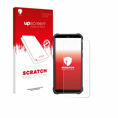 Vorderseite einer Produktverpackung mit dem Markenlogo upscreen. Daneben ist das Gerät Oukitel WP32 Pro mit dem zugehörigen Di