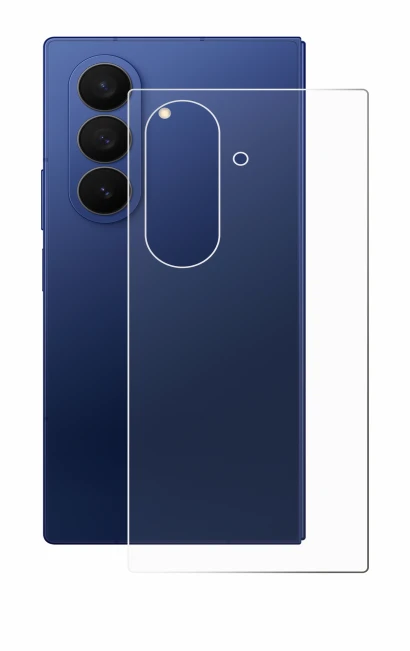 Abbildung des Geräts Samsung Galaxy Z Fold 7 (Rückseite) mit einer Vielzahl des Displayschutzes.