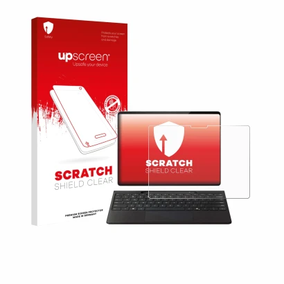 Vorderseite einer Produktverpackung mit dem Markenlogo upscreen. Daneben ist das Gerät Microsoft Surface Pro Copilot+ 13" mit