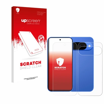 Vorderseite einer Produktverpackung mit dem Markenlogo upscreen. Daneben ist das Gerät Google Pixel 10 (Display+Rückseite) mit