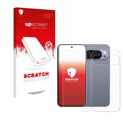 Vorderseite einer Produktverpackung mit dem Markenlogo upscreen. Daneben ist das Gerät Google Pixel 10 Pro (Display+Rückseite)