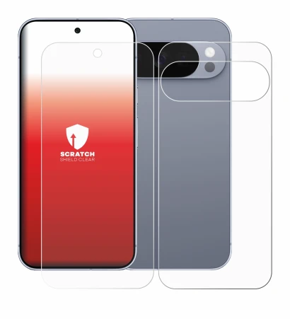 Abbildung des Geräts Google Pixel 10 Pro (Display+Rückseite) mit einer Vielzahl des Displayschutzes.