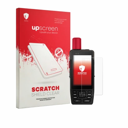 Vorderseite einer Produktverpackung mit dem Markenlogo upscreen. Daneben ist das Gerät Garmin GPSMAP H1i Plus mit dem zugehöri