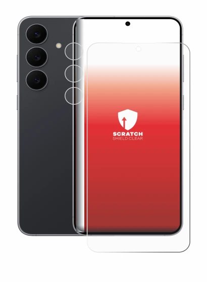 Abbildung des Geräts Samsung Galaxy S25 FE (Display+Kamera) mit einer Vielzahl des Displayschutzes.