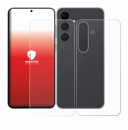 Abbildung des Geräts Samsung Galaxy S25 FE (Display+Rückseite) mit einer Vielzahl des Displayschutzes.