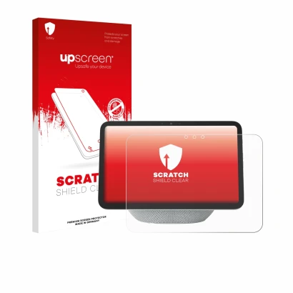 Vorderseite einer Produktverpackung mit dem Markenlogo upscreen. Daneben ist das Gerät Amazon Echo Show 8 2025 (4. Gen.) mit d