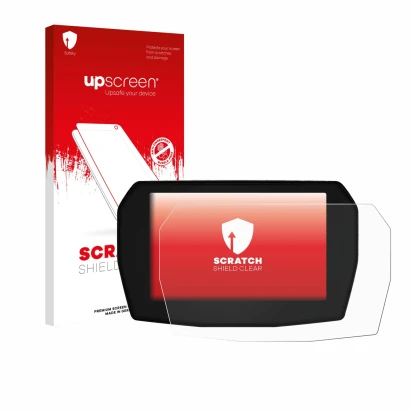 Vorderseite einer Produktverpackung mit dem Markenlogo upscreen. Daneben ist das Gerät Ducati Multistrada V2 2025 mit dem zuge