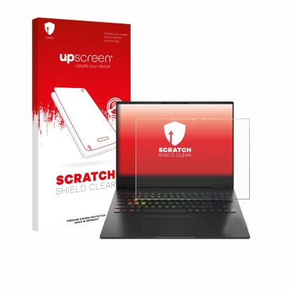 Vorderseite einer Produktverpackung mit dem Markenlogo upscreen. Daneben ist das Gerät HP Omen Transcend 16-u1000nl mit dem zu