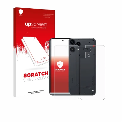 Vorderseite einer Produktverpackung mit dem Markenlogo upscreen. Daneben ist das Gerät Nothing Phone (3a) Lite (Display+Rückse