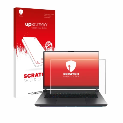 Vorderseite einer Produktverpackung mit dem Markenlogo upscreen. Daneben ist das Gerät ASUS ROG Strix G16 2025 mit dem zugehör