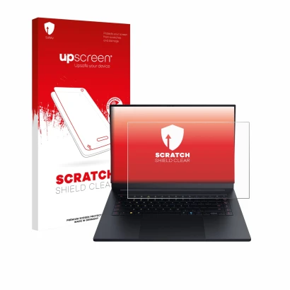 Vorderseite einer Produktverpackung mit dem Markenlogo upscreen. Daneben ist das Gerät Razer Blade 16 2025 mit dem zugehörigen