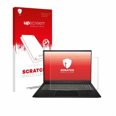 Vorderseite einer Produktverpackung mit dem Markenlogo upscreen. Daneben ist das Gerät MSI Summit A16 AI+ mit dem zugehörigen