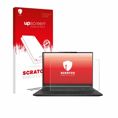 Vorderseite einer Produktverpackung mit dem Markenlogo upscreen. Daneben ist das Gerät MSI Stealth A16 AI+ mit dem zugehörigen