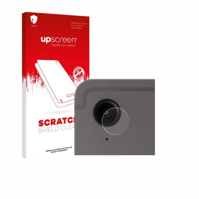 Vorderseite einer Produktverpackung mit dem Markenlogo upscreen. Daneben ist das Gerät Samsung Galaxy Tab S9 FE (NUR Kamerasch