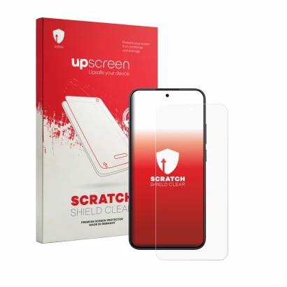 Vorderseite einer Produktverpackung mit dem Markenlogo upscreen. Daneben ist das Gerät Xiaomi Redmi Note 15 Pro 5G mit dem zug