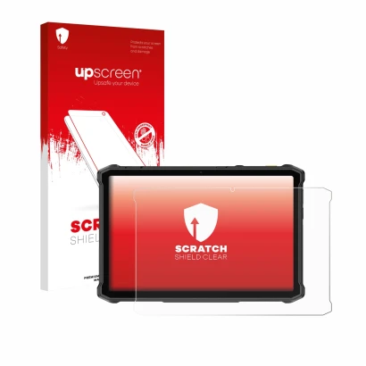 Vorderseite einer Produktverpackung mit dem Markenlogo upscreen. Daneben ist das Gerät Ulefone Armor Pad 5 Pro mit dem zugehör