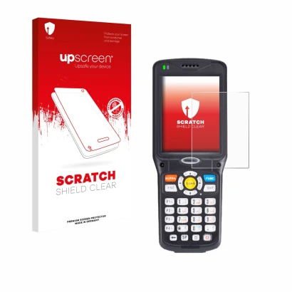 Vorderseite einer Produktverpackung mit dem Markenlogo upscreen. Daneben ist das Gerät Unitech HT510A mit dem zugehörigen Disp