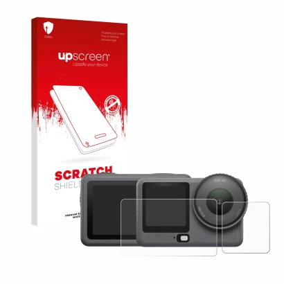 Vorderseite einer Produktverpackung mit dem Markenlogo upscreen. Daneben ist das Gerät DJI Osmo Action 6 mit dem zugehörigen D