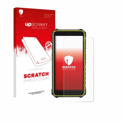 Vorderseite einer Produktverpackung mit dem Markenlogo upscreen. Daneben ist das Gerät Ulefone RugKing 2 Pro mit dem zugehörig