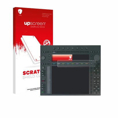 Vorderseite einer Produktverpackung mit dem Markenlogo upscreen. Daneben ist das Gerät Ableton Push 3 mit dem zugehörigen Disp