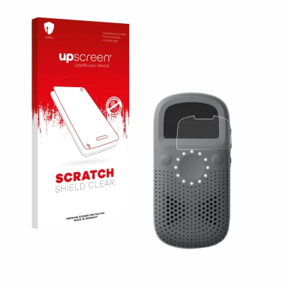 Vorderseite einer Produktverpackung mit dem Markenlogo upscreen. Daneben ist das Gerät Relay X mit dem zugehörigen Displayschu