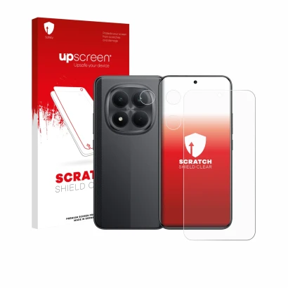 Vorderseite einer Produktverpackung mit dem Markenlogo upscreen. Daneben ist das Gerät Xiaomi Poco M8 Pro (Display+Kamera) mit
