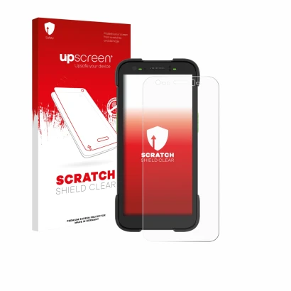 Vorderseite einer Produktverpackung mit dem Markenlogo upscreen. Daneben ist das Gerät Zebra TC701 mit dem zugehörigen Display