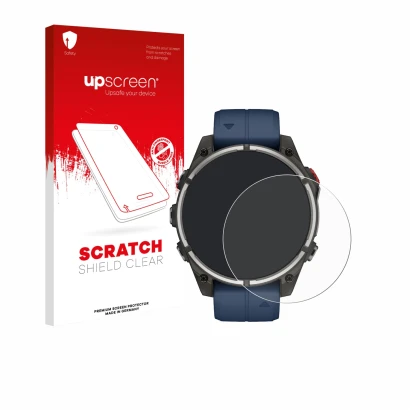 Vorderseite einer Produktverpackung mit dem Markenlogo upscreen. Daneben ist das Gerät Garmin quatix 8 Pro (47 mm) mit dem zug