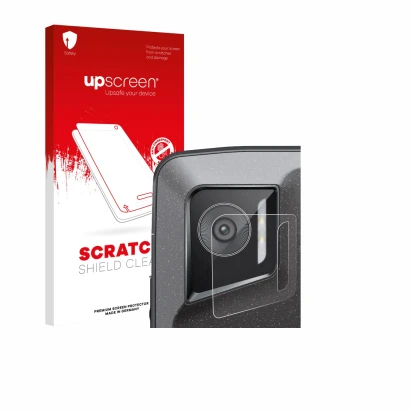 Vorderseite einer Produktverpackung mit dem Markenlogo upscreen. Daneben ist das Gerät Crosscall Stellar M6E (NUR Kameraschutz