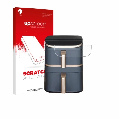 Vorderseite einer Produktverpackung mit dem Markenlogo upscreen. Daneben ist das Gerät Cosori Turbo Tower Pro mit dem zugehöri