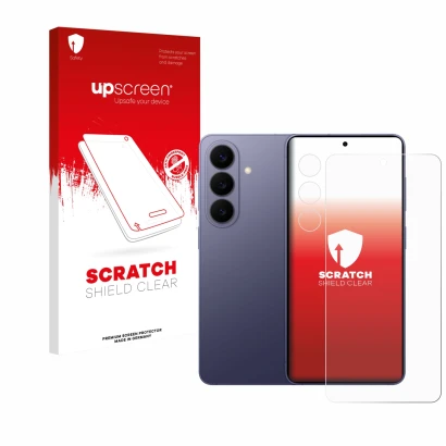 Vorderseite einer Produktverpackung mit dem Markenlogo upscreen. Daneben ist das Gerät Samsung Galaxy S26 (Display+Kamera) mit