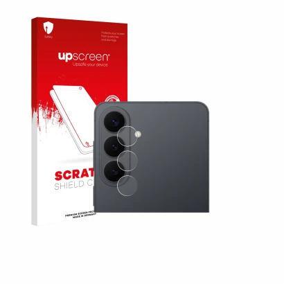 Vorderseite einer Produktverpackung mit dem Markenlogo upscreen. Daneben ist das Gerät Samsung Galaxy S26 Plus (NUR Kameraschu