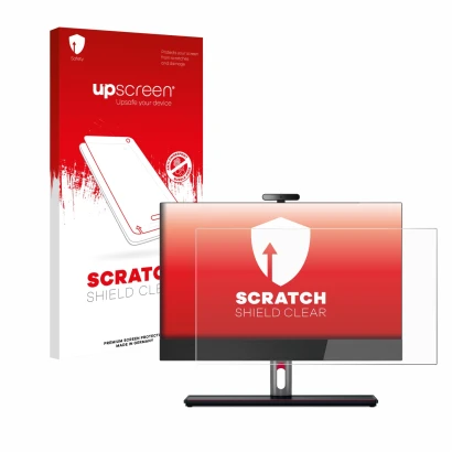 Vorderseite einer Produktverpackung mit dem Markenlogo upscreen. Daneben ist das Gerät Lenovo ThinkCentre M90a Gen 5 23,8" mit