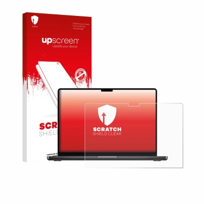 Vorderseite einer Produktverpackung mit dem Markenlogo upscreen. Daneben ist das Gerät Apple MacBook Pro 14" M5 2026 mit dem z