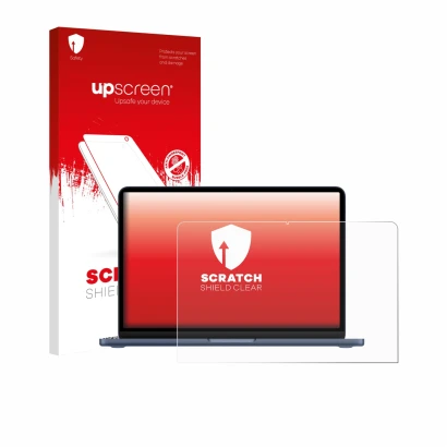 Vorderseite einer Produktverpackung mit dem Markenlogo upscreen. Daneben ist das Gerät Apple MacBook Neo 13" 2026 mit dem zuge