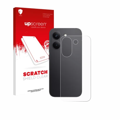 Vorderseite einer Produktverpackung mit dem Markenlogo upscreen. Daneben ist das Gerät Xiaomi Poco X8 Pro (Rückseite) mit dem